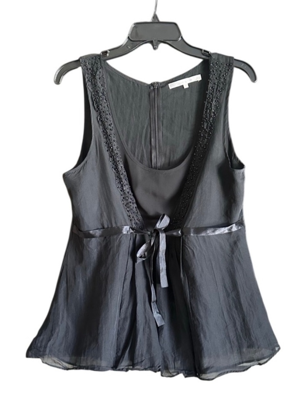 Jenny Han Pure Silk Satin-Trim Beaded Peplum Top. Size Large